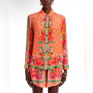 FARM Rio Fruit Garden Silk-like Button-up Shirt orange floral 70’s style
